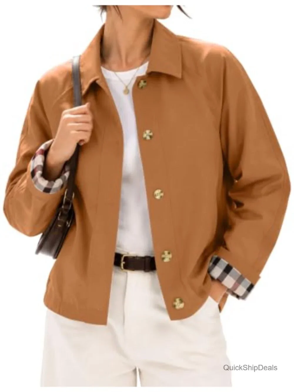 Womens Short Trench Jacket Plaid Lining Button Front Lightweight Casual